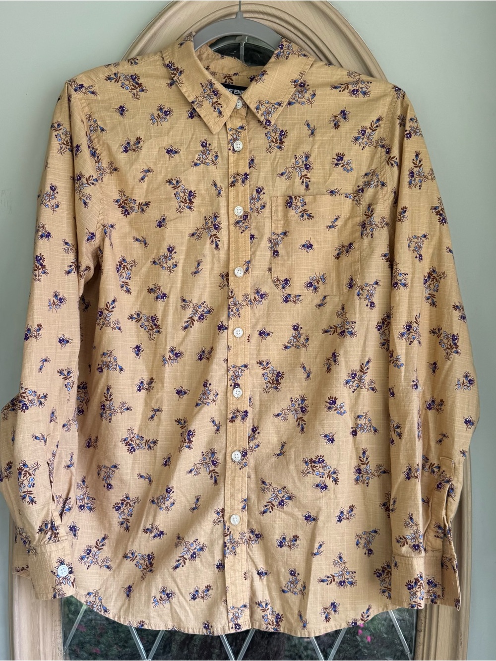 Lands' End Beige Button-Down Shirt with Purple Floral Print
